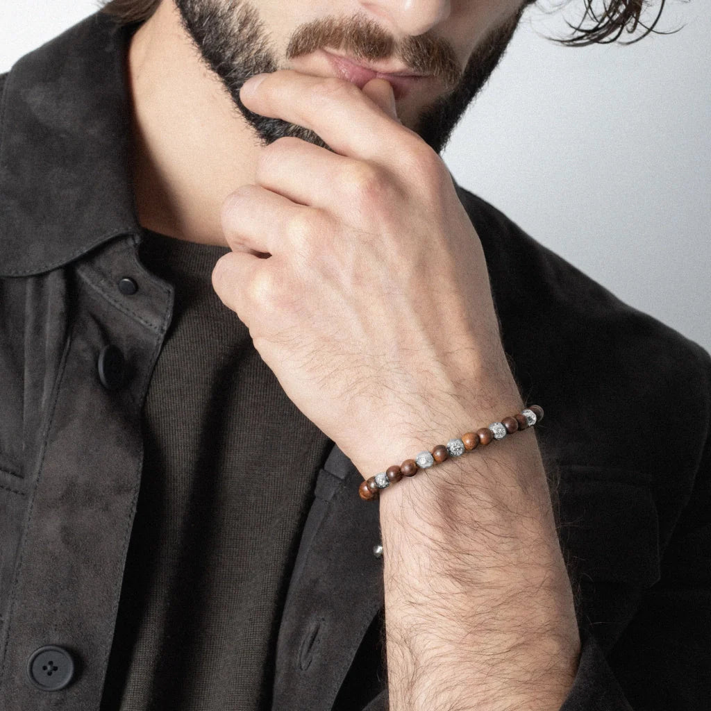 Pulsera con cuentas de sándalo y cuentas facetadas en baño de rodio - Joyería y bisutería fina