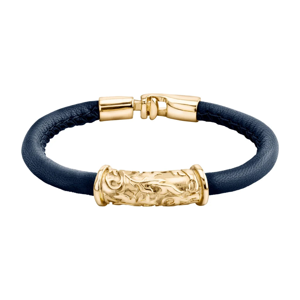 Pulsera Baño de Oro 22K, piel natural nappa, diseño hojas de laurel