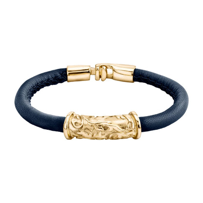 Pulsera Baño de Oro 22K, piel natural nappa, diseño hojas de laurel