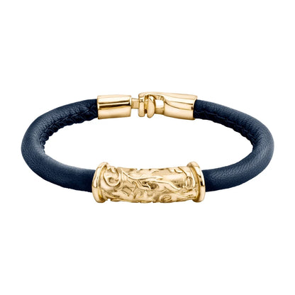 Pulsera Baño de Oro 22K, piel natural nappa, diseño hojas de laurel