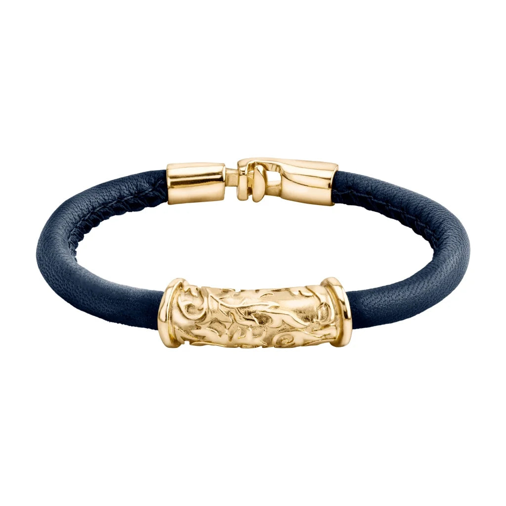 Pulsera Baño de Oro 22K, piel natural nappa, diseño hojas de laurel