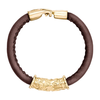 Pulsera Baño de Oro 22K, piel natural nappa, diseño hojas de laurel