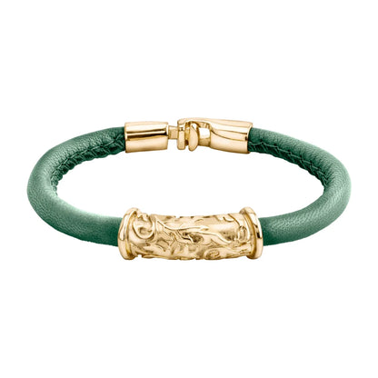 Pulsera Baño de Oro 22K, piel natural nappa, diseño hojas de laurel