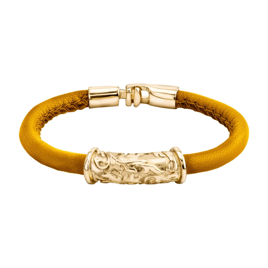 Pulsera Baño de Oro 22K, piel natural nappa, diseño hojas de laurel