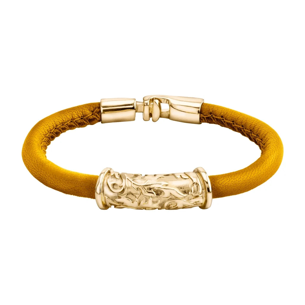 Pulsera Baño de Oro 22K, piel natural nappa, diseño hojas de laurel