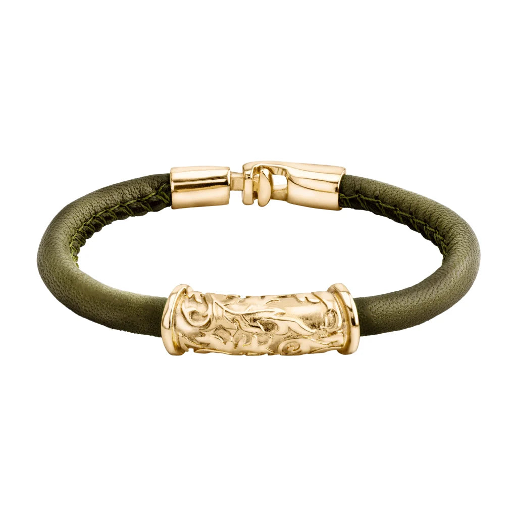 Pulsera Baño de Oro 22K, piel natural nappa, diseño hojas de laurel