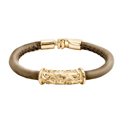 Pulsera Baño de Oro 22K, piel natural nappa, diseño hojas de laurel