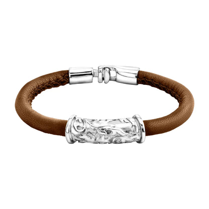 Pulsera Baño de rodio, piel natural nappa, diseño hojas de laurel