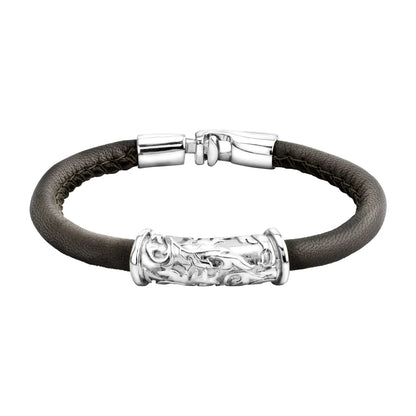 Pulsera Baño de rodio, piel natural nappa, diseño hojas de laurel