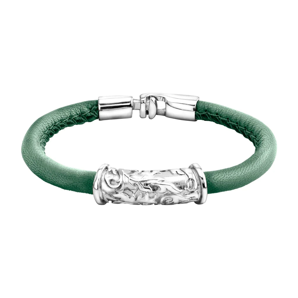 Pulsera Baño de rodio, piel natural nappa, diseño hojas de laurel