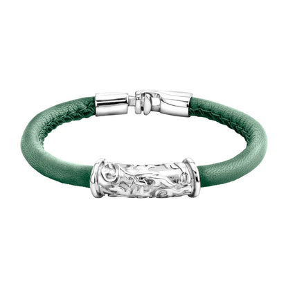 Pulsera Baño de rodio, piel natural nappa, diseño hojas de laurel
