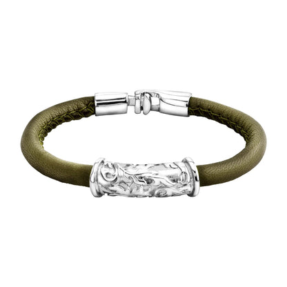 Pulsera Baño de rodio, piel natural nappa, diseño hojas de laurel
