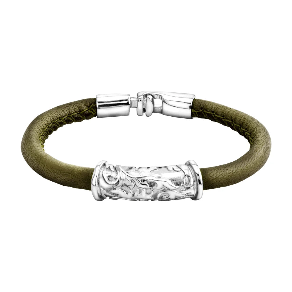 Pulsera Baño de rodio, piel natural nappa, diseño hojas de laurel