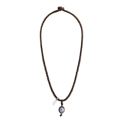 Collar choker en trenza redonda de 4 hilos, doble, de piel natural de borrego, perla tahitiana 8-10mm, con detalles en baño de plata esterlina .925 - Joyería y bisutería fina