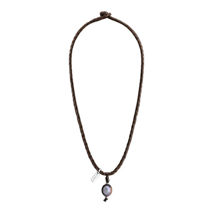 Collar choker en trenza redonda de 4 hilos, doble, de piel natural de borrego, perla tahitiana 8-10mm, con detalles en baño de plata esterlina .925 - Joyería y bisutería fina