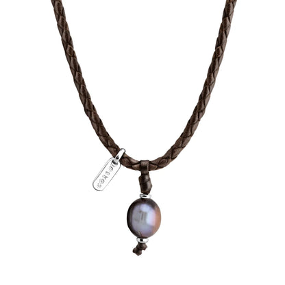 Collar choker en trenza redonda de 4 hilos, doble, de piel natural de borrego, perla tahitiana 8-10mm, con detalles en baño de plata esterlina .925 - Joyería y bisutería fina