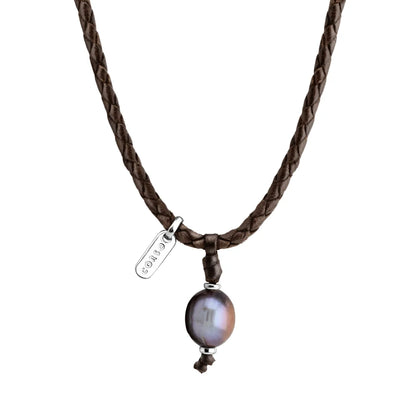 Collar choker en trenza redonda de 4 hilos, doble, de piel natural de borrego, perla tahitiana 8-10mm, con detalles en baño de plata esterlina .925 - Joyería y bisutería fina