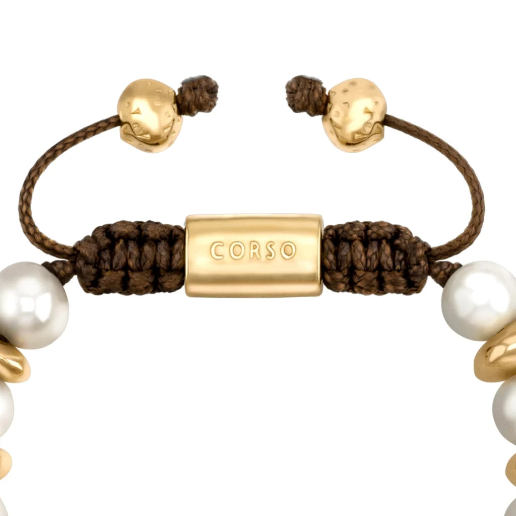 Pulsera ajustable con hilo de seda café, con perlas negras japonesas 8-10mm con detalles en baño de oro de 22K - Joyería y bisutería fina