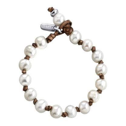 Pulsera de piel de canguro, con perlas blancas japonesas 8-10, con broche de botón en baño de rodio - Joyería y bisutería fina