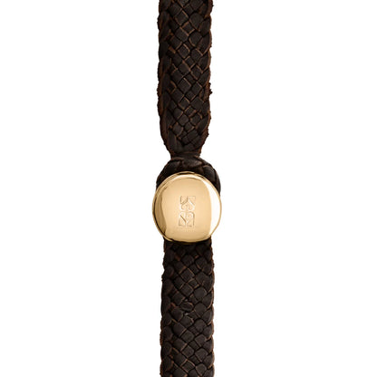 Collar choker con broche de botón, en trenza plana de 8 hilos de piel natural de borrego, perla en baño de oro de 22K - Joyería y bisutería fina