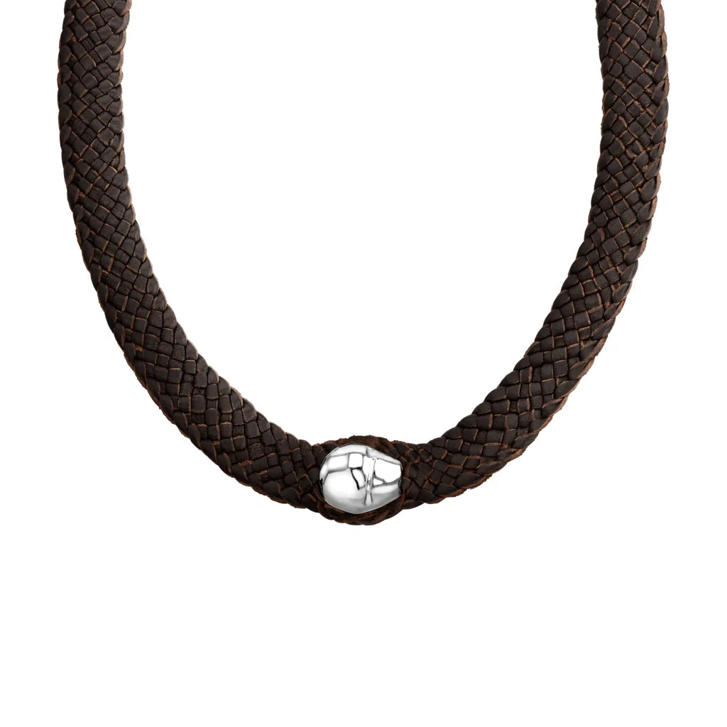 Collar choker con broche de botón, en trenza plana de 8 hilos de piel natural de borrego, perla en baño de rodio - Joyería y bisutería fina