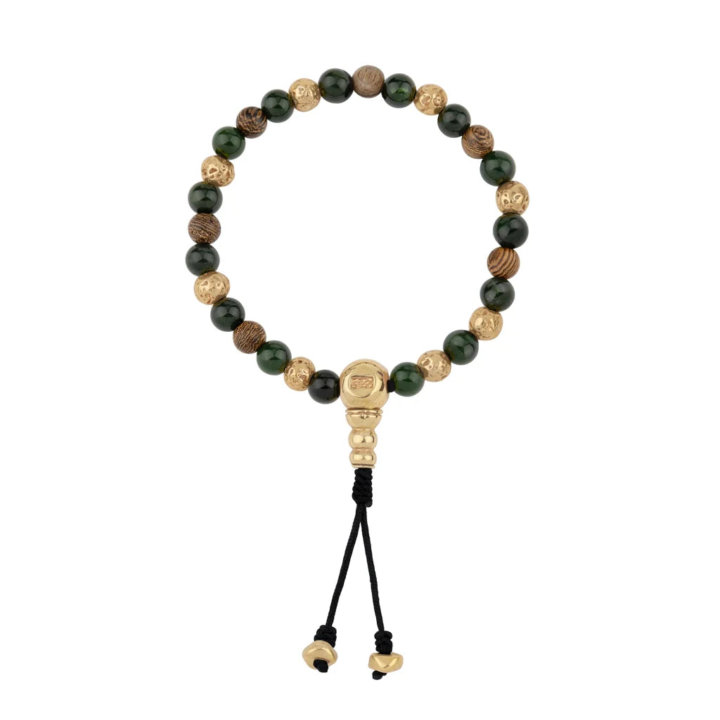 Pulsera con cuentas de madera de ébano de Nepal 8mm, piedra 6mm, con broche ajustable y cuentas volcánicas en baño de oro de 22K - Joyería y bisutería fina
