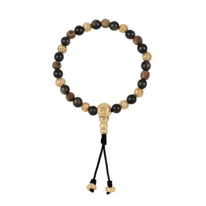 Pulsera con cuentas de madera de ébano de Nepal 8mm, piedra 6mm, con broche ajustable y cuentas volcánicas en baño de oro de 22K - Joyería y bisutería fina
