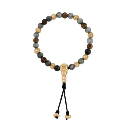 Pulsera con cuentas de madera de ébano de Nepal 8mm, piedra 6mm, con broche ajustable y cuentas volcánicas en baño de oro de 22K - Joyería y bisutería fina
