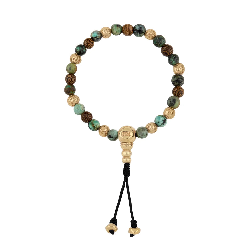 Pulsera con cuentas de madera de ébano de Nepal 8mm, piedra 6mm, con broche ajustable y cuentas volcánicas en baño de oro de 22K - Joyería y bisutería fina