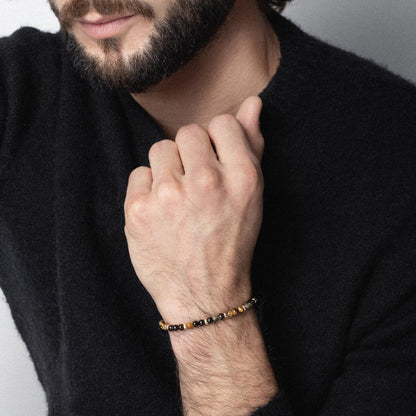 Pulsera Katmandu Oro 14k piedras de obsidiana y ojo de tigre en forma de cuenca - Joyería y bisutería fina