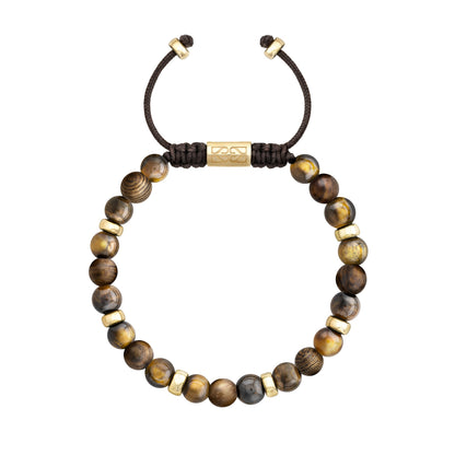 Pulsera de cuentas marrones y doradas, con detalles metálicos dorados y un cierre de cordón negro ajustable.