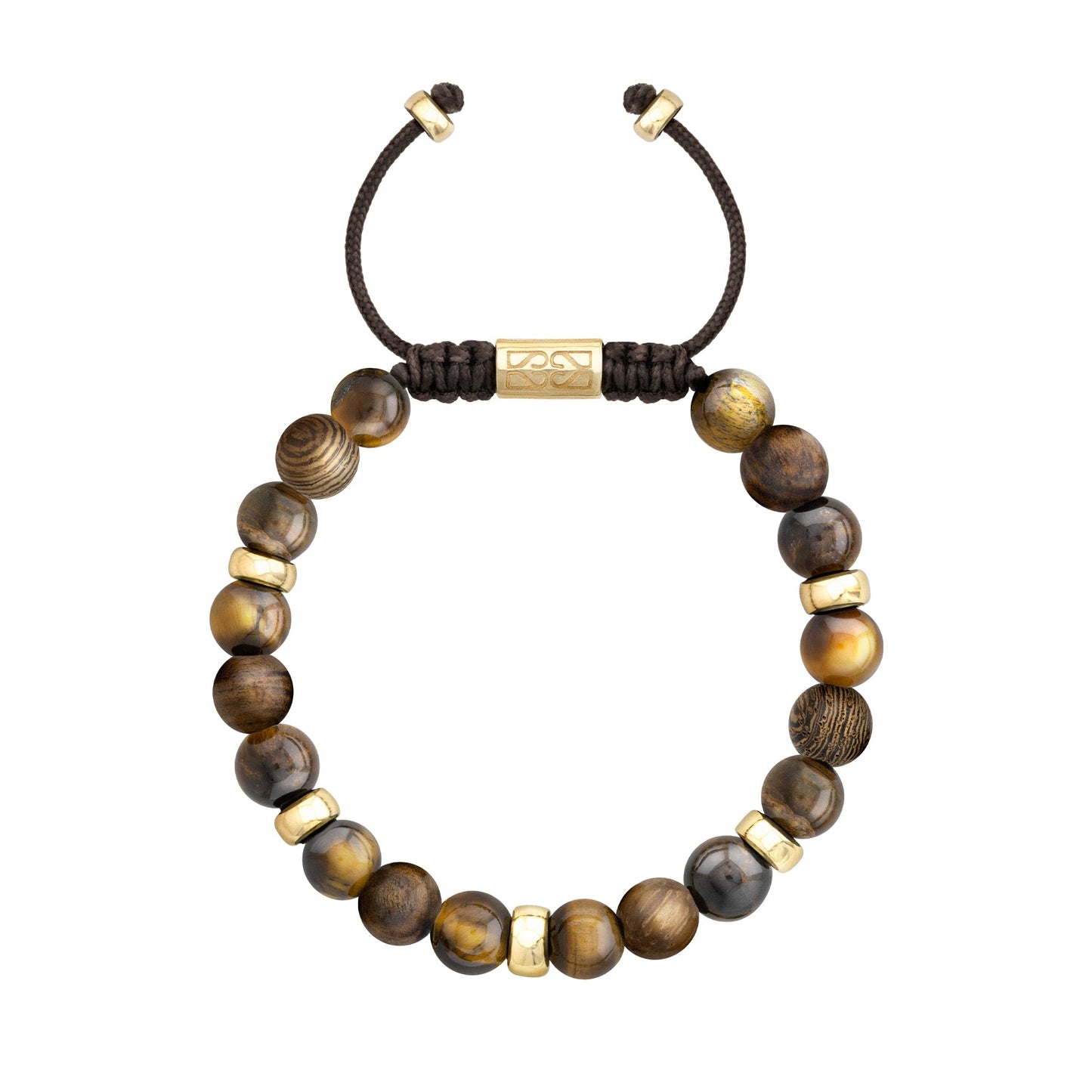 Pulsera de cuentas redondas de piedra y madera en tonos marrones y dorados, con detalles metálicos dorados y un cierre ajustable de cordón negro.