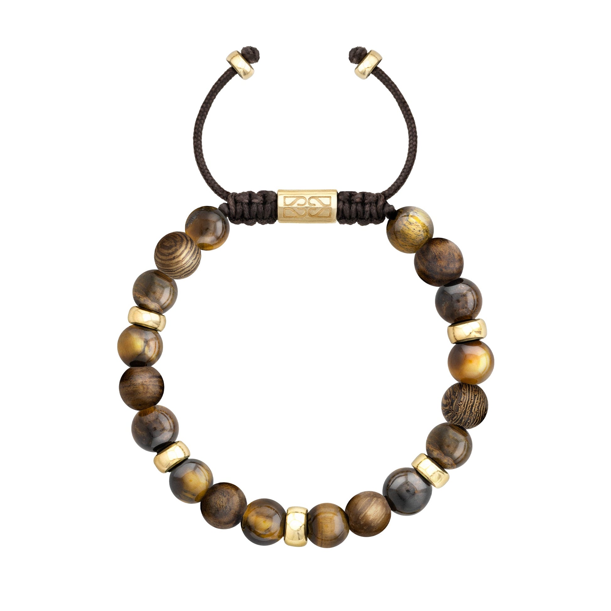 Pulsera de cuentas redondas de piedra y madera en tonos marrones y dorados, con detalles metálicos dorados y un cierre ajustable de cordón negro.