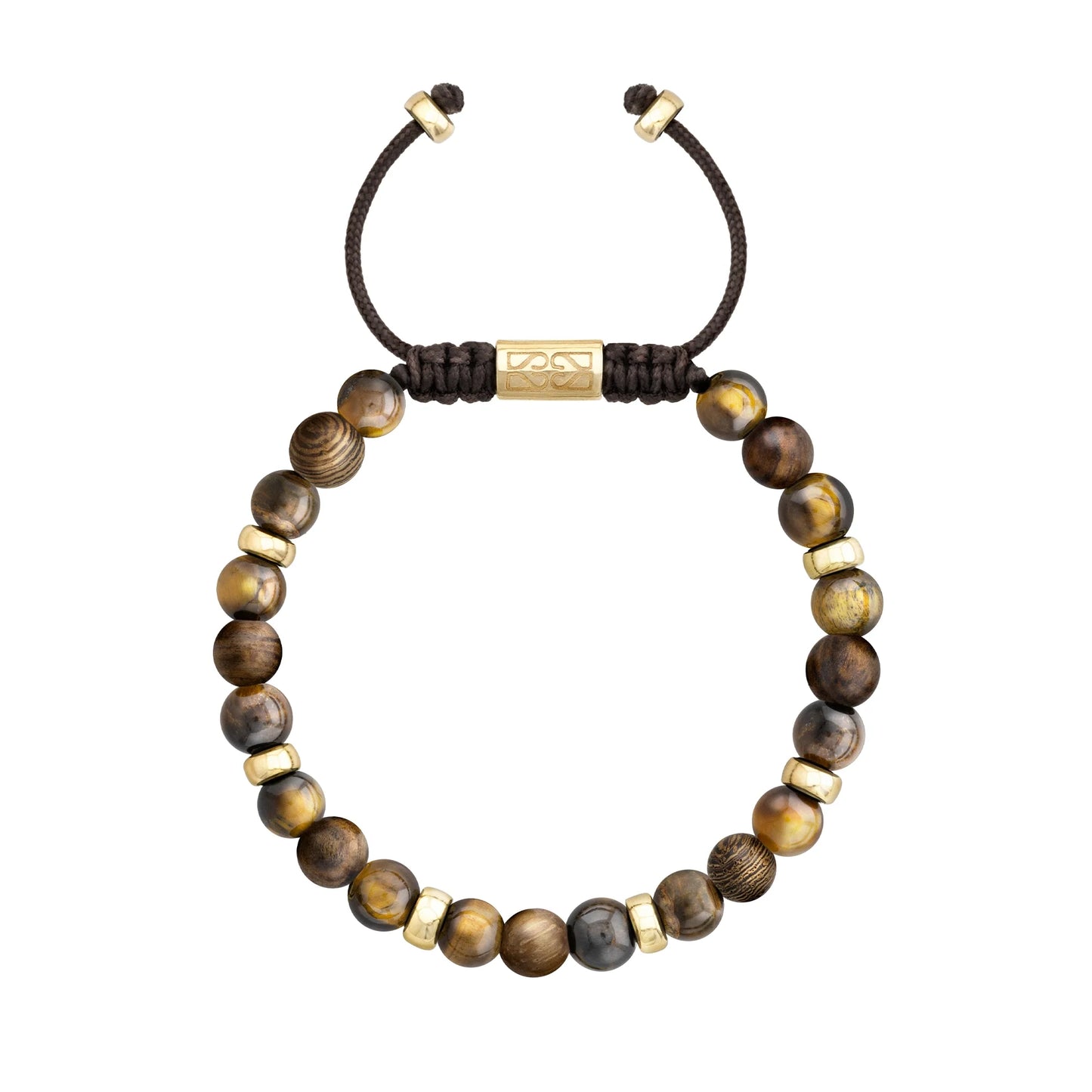 Pulsera Nepal Oro 14k cuentas de madera de ébano y ojo de tigre en 6mm - Joyería y bisutería fina