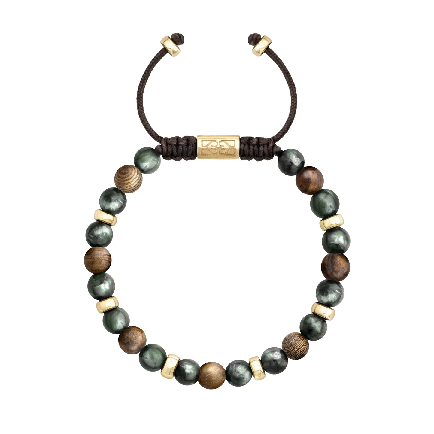 Pulsera Nepal Oro 14k cuentas de madera de ébano y Serafinita - Joyería y bisutería fina