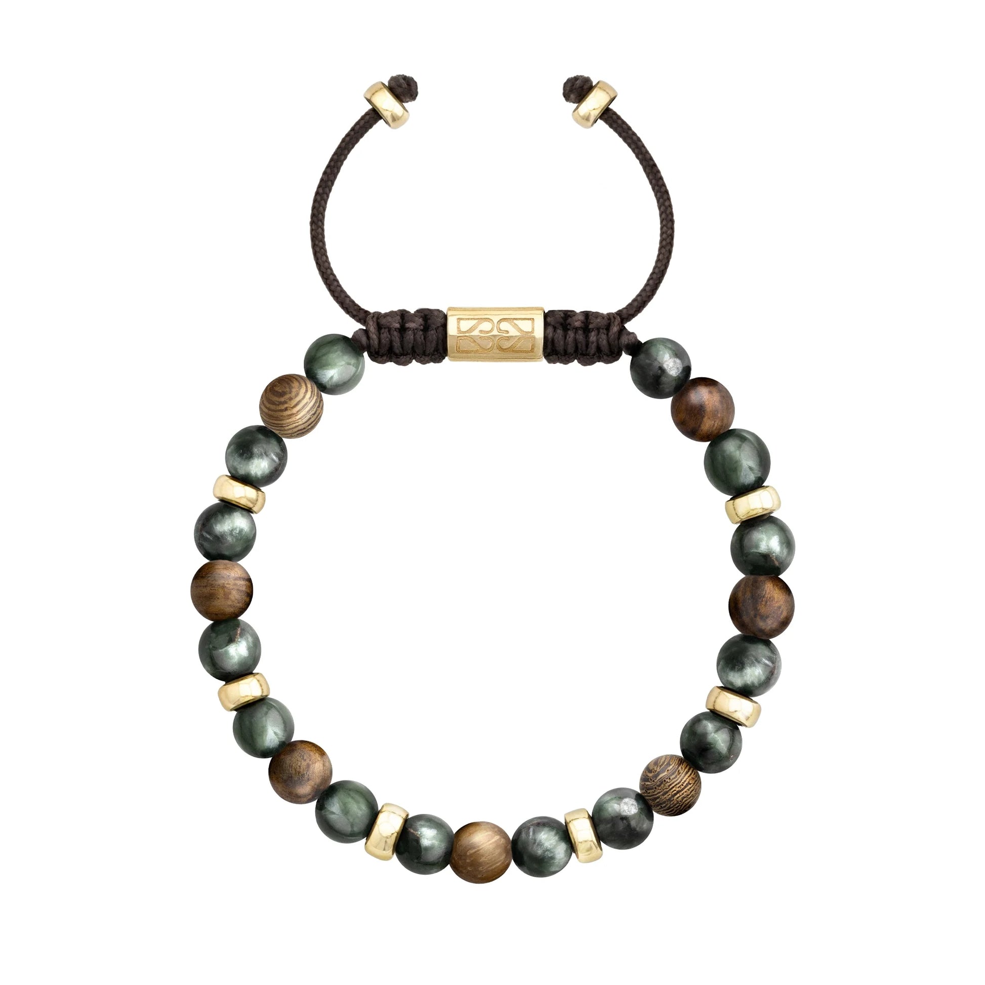 Pulsera Nepal Oro 14k cuentas de madera de ébano y Serafinita - Joyería y bisutería fina