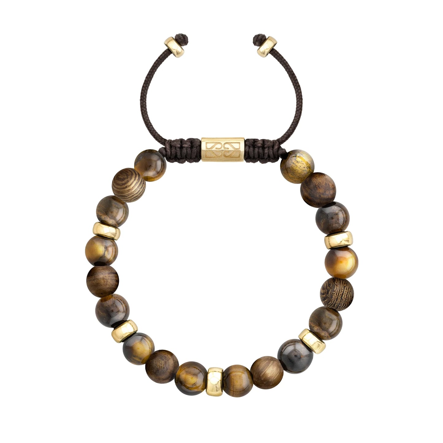 Pulsera Nepal Oro 14k cuentas de madera de ébano y ojo de tigre en 8mm - Joyería y bisutería fina
