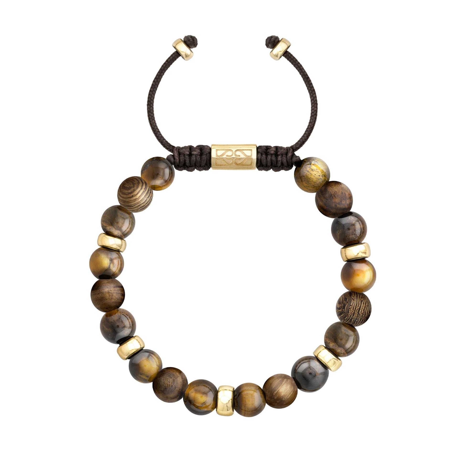 Pulsera Nepal Oro 14k cuentas de madera de ébano y ojo de tigre en 8mm - Joyería y bisutería fina