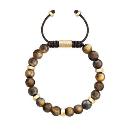 Pulsera Nepal Oro 14k cuentas de madera de ébano y ojo de tigre en 8mm - Joyería y bisutería fina