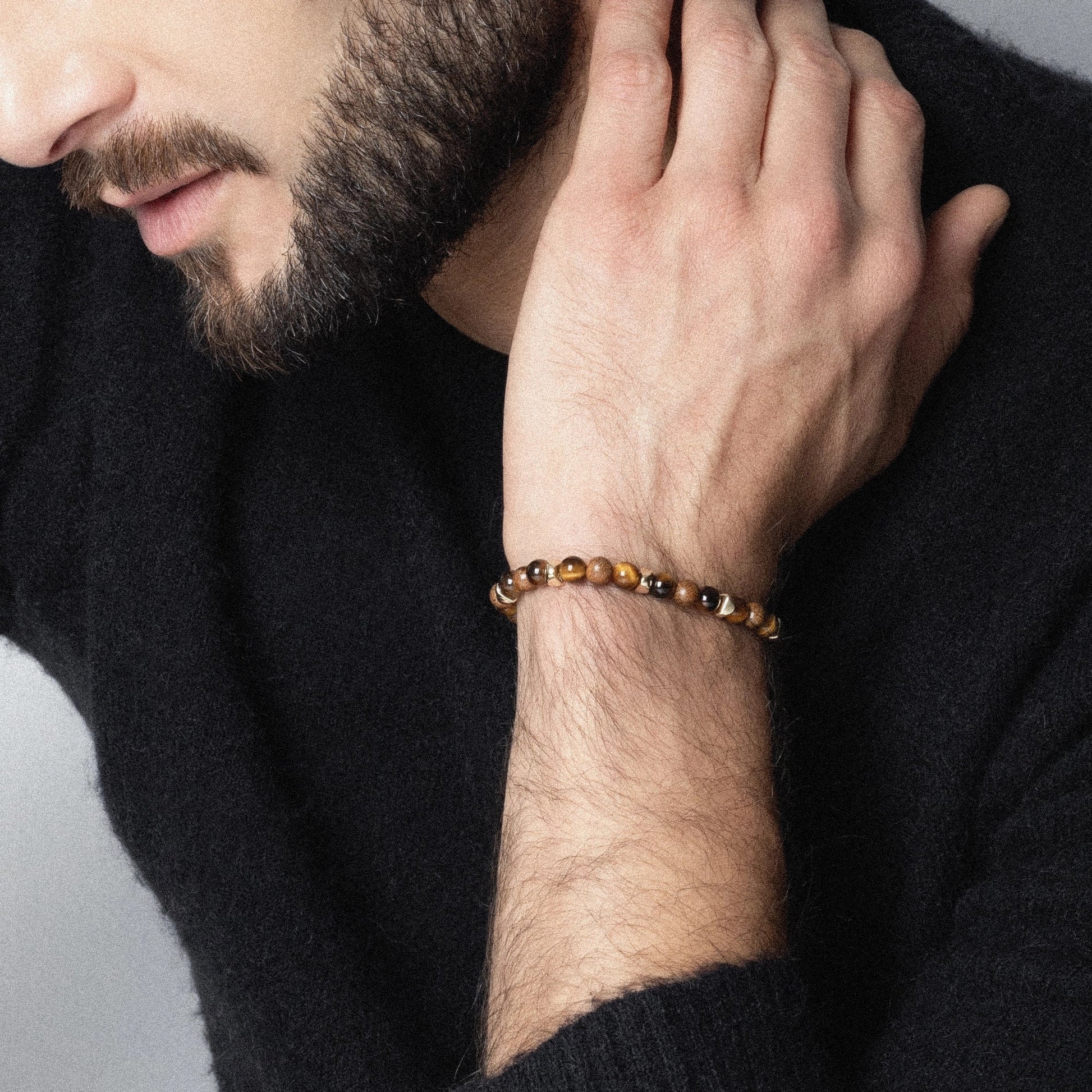 Pulsera Nepal Oro 14k cuentas de madera de ébano y ojo de tigre en 6mm u 8mm - Joyería y bisutería fina