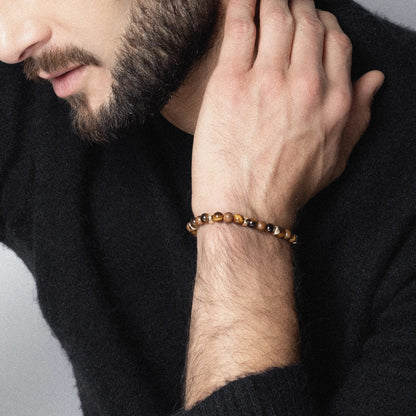 Pulsera Nepal Oro 14k cuentas de madera de ébano y ojo de tigre en 6mm u 8mm - Joyería y bisutería fina