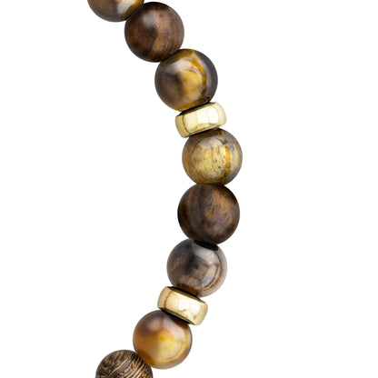 Pulsera Nepal Oro 14k cuentas de madera de ébano y ojo de tigre en 6mm u 8mm - Joyería y bisutería fina