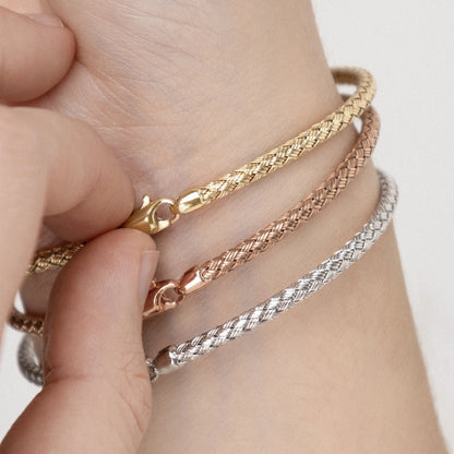 Pulsera Andria Oro amarillo, blanco y rosa 14k tejida italiana arezzo - Joyería y bisutería fina
