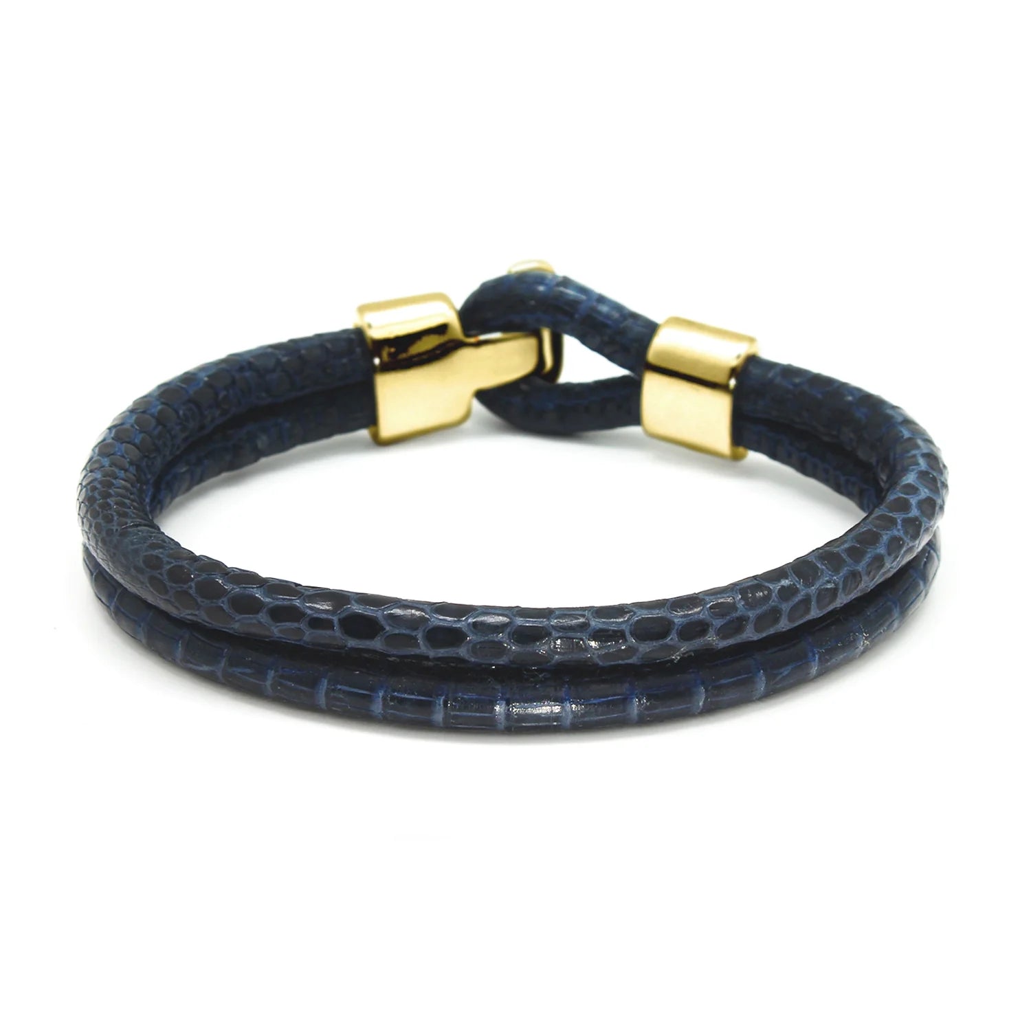 Pulsera en baño de Oro 22K, Broche de botón, Piel natural de Lagarto, doble vuelta - Joyería y bisutería fina