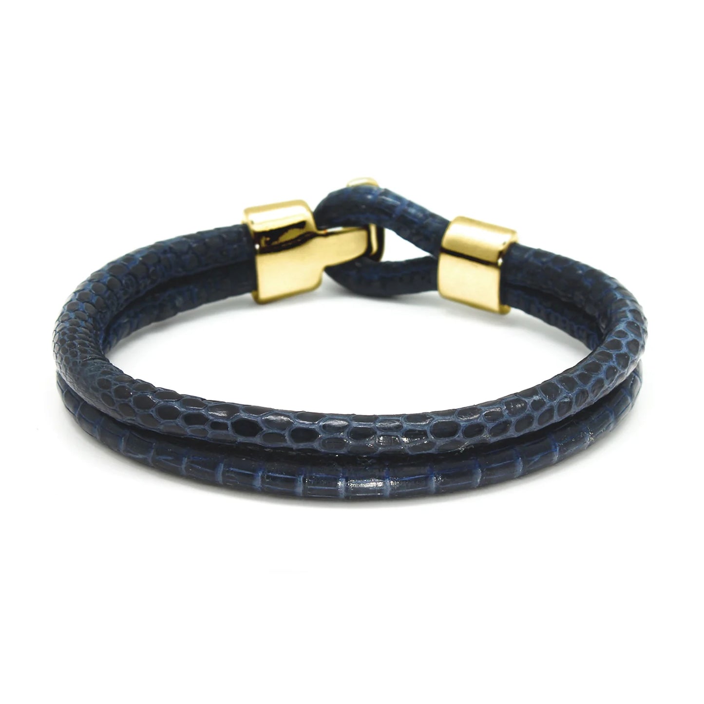 Pulsera en baño de Oro 22K, Broche de botón, Piel natural de Lagarto, doble vuelta - Joyería y bisutería fina