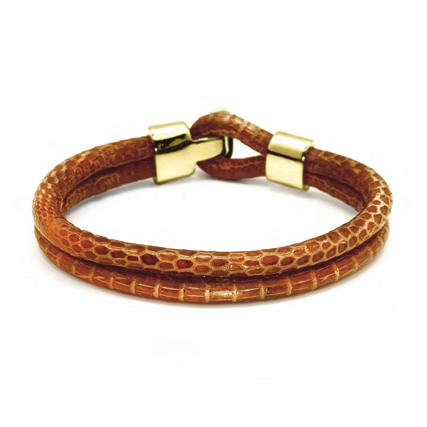 Pulsera en baño de Oro 22K, Broche de botón, Piel natural de Lagarto, doble vuelta - Joyería y bisutería fina