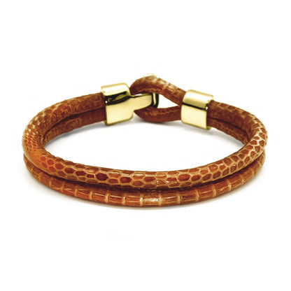 Pulsera en baño de Oro 22K, Broche de botón, Piel natural de Lagarto, doble vuelta - Joyería y bisutería fina