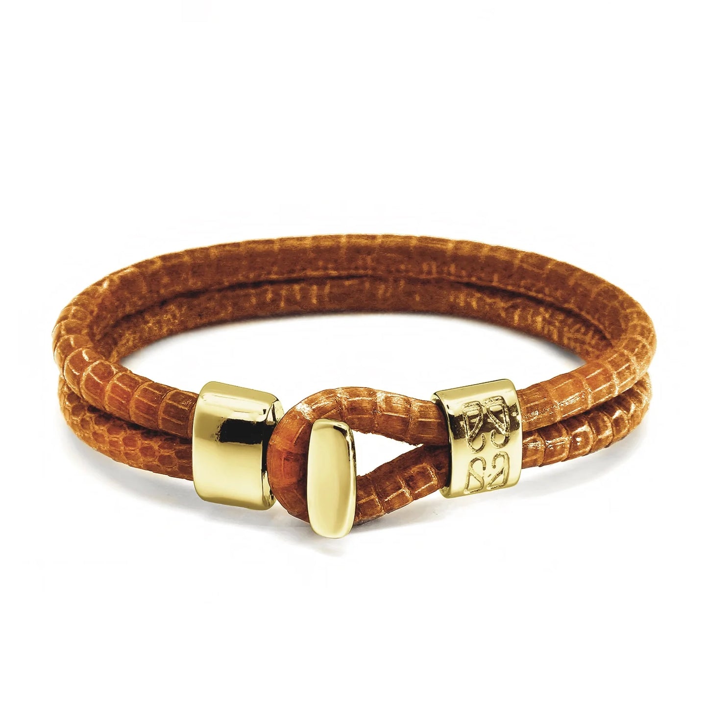 Pulsera en baño de Oro 22K, Broche de botón, Piel natural de Lagarto, doble vuelta - Joyería y bisutería fina