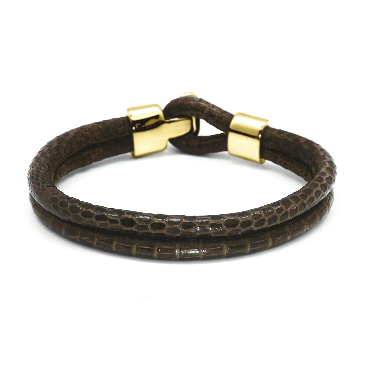 Pulsera en baño de Oro 22K, Broche de botón, Piel natural de Lagarto, doble vuelta - Joyería y bisutería fina