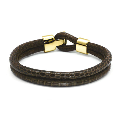 Pulsera en baño de Oro 22K, Broche de botón, Piel natural de Lagarto, doble vuelta - Joyería y bisutería fina